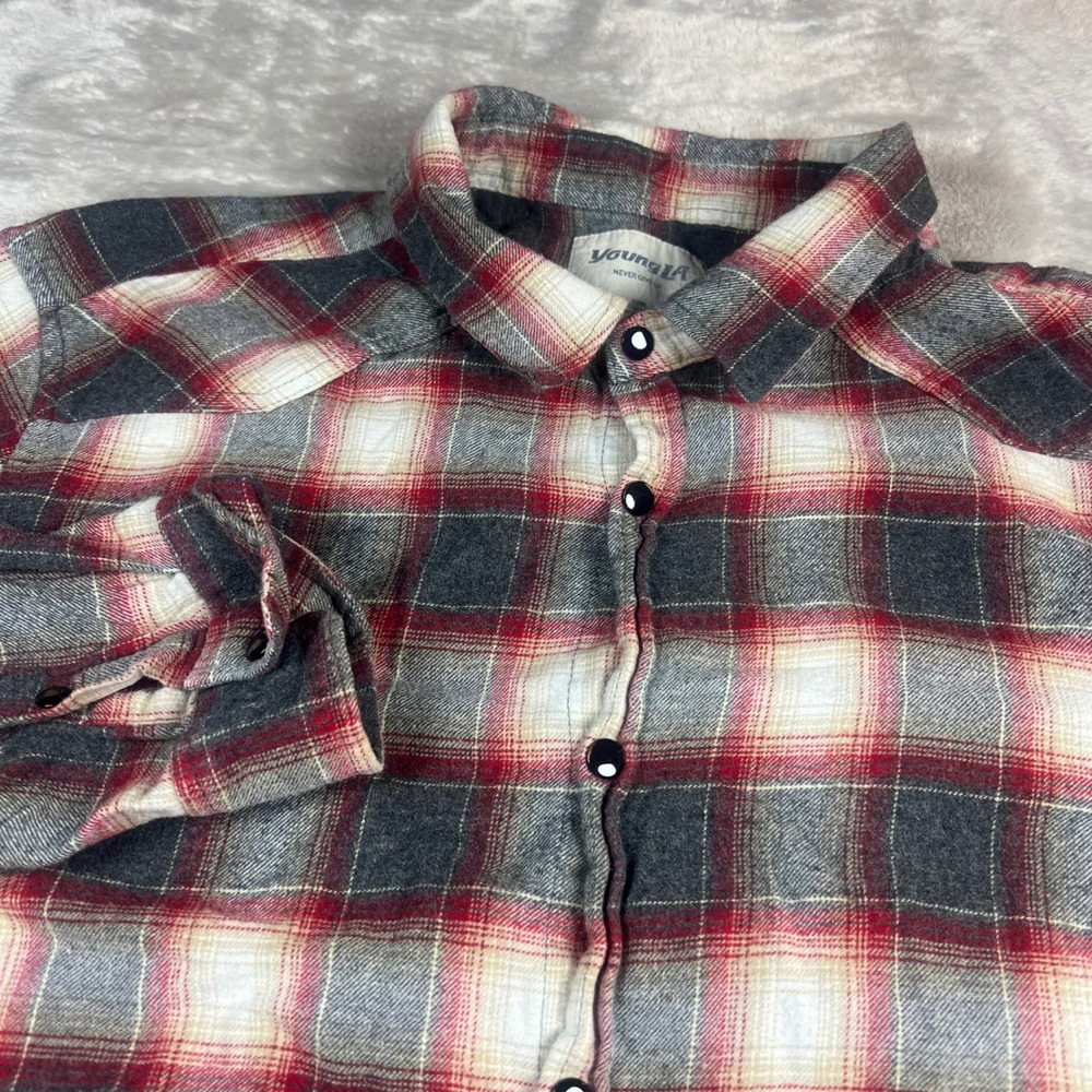 YoungLA Men's XL Flannel Shirt Red Grey Plaid Distressed Raw Hem Snap Button